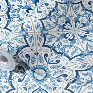 Blue Tile Peel and Stick Wallpaper, Elegant Bathroom Wallpaper, Renter Friendly Wallpaper, bold wallpaper, Powder Bath wallpaper, grasscloth