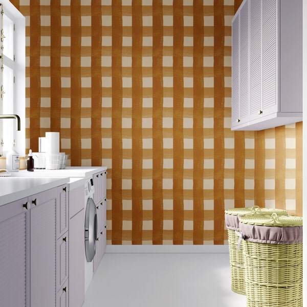 Orange Check Peel and Stick Wallpaper, Striped self adhesive wallpaper, nursery neutral removable wallpaper