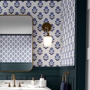 Blue Floral Block Print Wallpaper: Peel and Stick or Suede