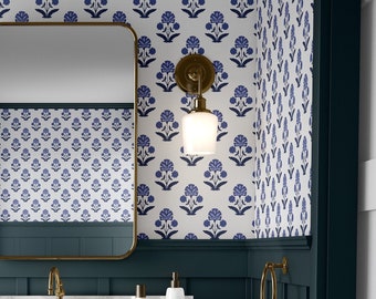 Blue Floral Block Print Wallpaper: Peel and Stick or Suede
