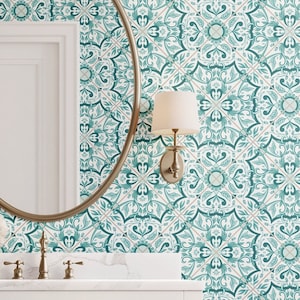 Teal Italian Tile Wallpaper: Coastal Peel and Stick Removable Wallpaper