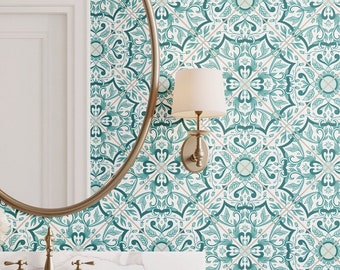Teal Italian Tile Wallpaper: Coastal Peel and Stick Removable Wallpaper