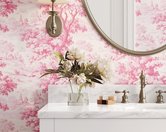 Pink Toile Wallpaper: Peel and Stick or Suede Grasscloth