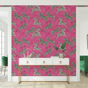 Zebra Wallpaper | Colorful Wallcovering | Floral Peel and Stick Wallpaper | Pink Wallpaper | Trendy Removable Wallcovering