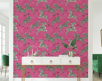 Zebra Wallpaper | Colorful Wallcovering | Floral Peel and Stick Wallpaper | Pink Wallpaper | Trendy Removable Wallcovering