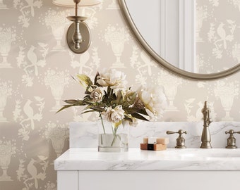 Chinoiserie Wallpaper | Removable | Peel and Stick | Customizable Color | Neutral | Elegant Wallpaper | Bathroom | Beige| designer lookalike