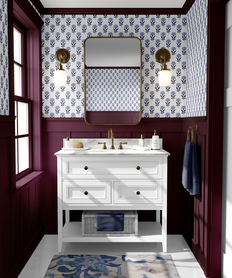 Block Print Wallpaper Blue Floral Peel and Stick Wallpaper Etsy