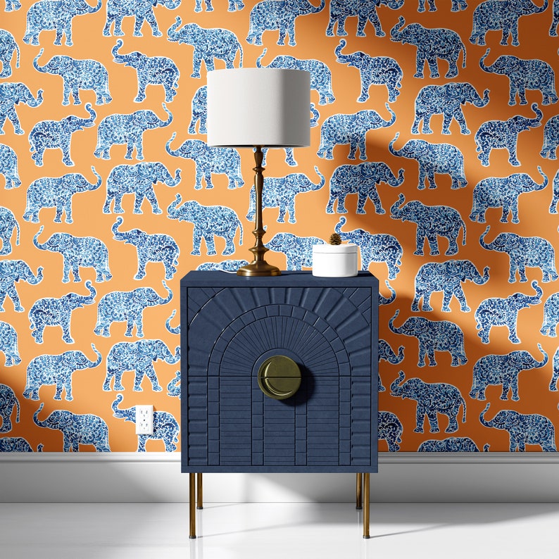 Elephant Wallpaper Peel and Stick Wallpaper Orange Wallpaper Removable Wall Covering Maximalist Traditional Unpasted image 4