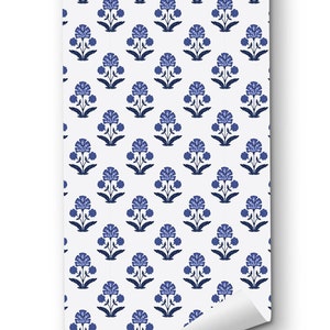 Block Print Wallpaper, Blue Floral Peel and Stick Wallpaper, Maximalist