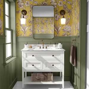 Floral Large Print Peel and Stick Wallpaper, Yellow Wallpaper, Whimsical wallpaper, entryway wallpaper, powder bath wallpaper
