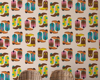 Cowboy Boot Wallpaper | Maximalist Peel and Stick Wallpaper | Large Print Wallpaper | Beige Wallpaper, Removable Wallcovering by Funky Paper