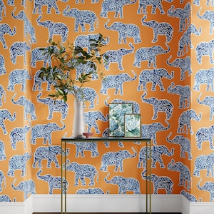 Large Elephant Print Wallpaper in Orange, Funky  Peel and Stick Wallpaper for powder bath, Bright and bold Maximalist wallpaper