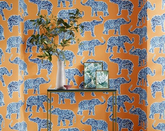 Elephant Wallpaper | Peel and Stick Wallpaper | Orange Wallpaper | Removable Wall Covering | Maximalist | Traditional Unpasted