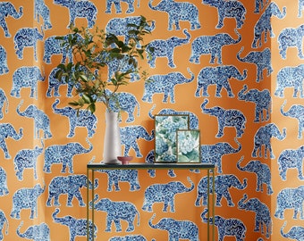 Orange Elephant Print Wallpaper: Funky Maximalist Peel and Stick