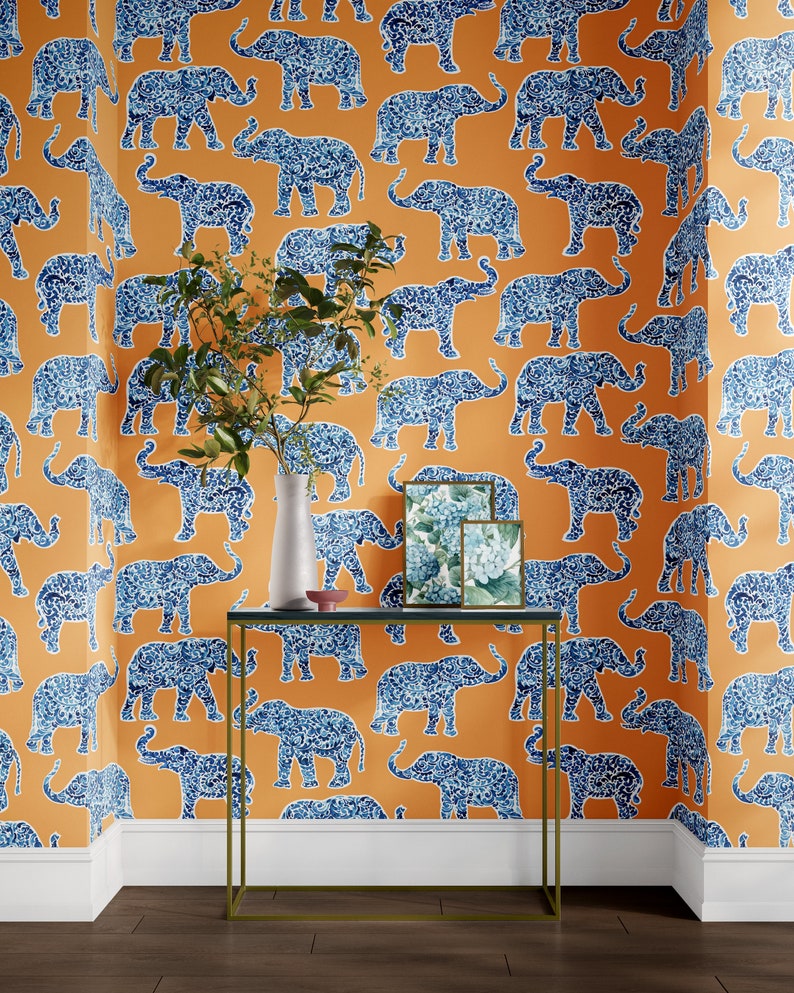 Elephant Wallpaper Peel and Stick Wallpaper Orange Wallpaper Removable Wall Covering Maximalist Traditional Unpasted image 1