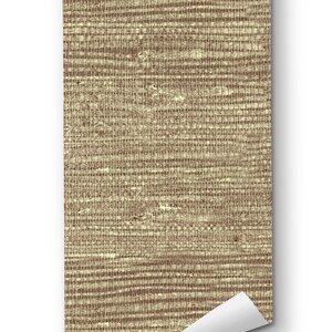 May include: A roll of beige and brown textured wallpaper with a woven pattern. The wallpaper is rolled up and the end is curled up.
