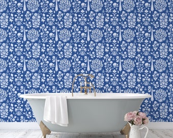 Vintage Damask Floral Block Print Wallpaper, Blue and White Textured Peel and Stick Wallpaper, Self-Adhesive Renter Friendly Wallpaper