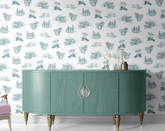 Toile Wallpaper, Removable Wallpaper, Green and White Peel and Stick, Coastal Design, Funky Paper Exclusive, Bathroom Wallpaper