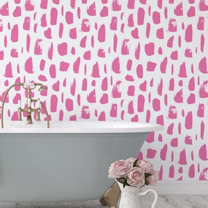 Pink and White Paint Stroke Polka Dot Wallpaper, Peel and stick or Traditional, Custom colors and sizes, Water Resistant Bathroom Wallpaper