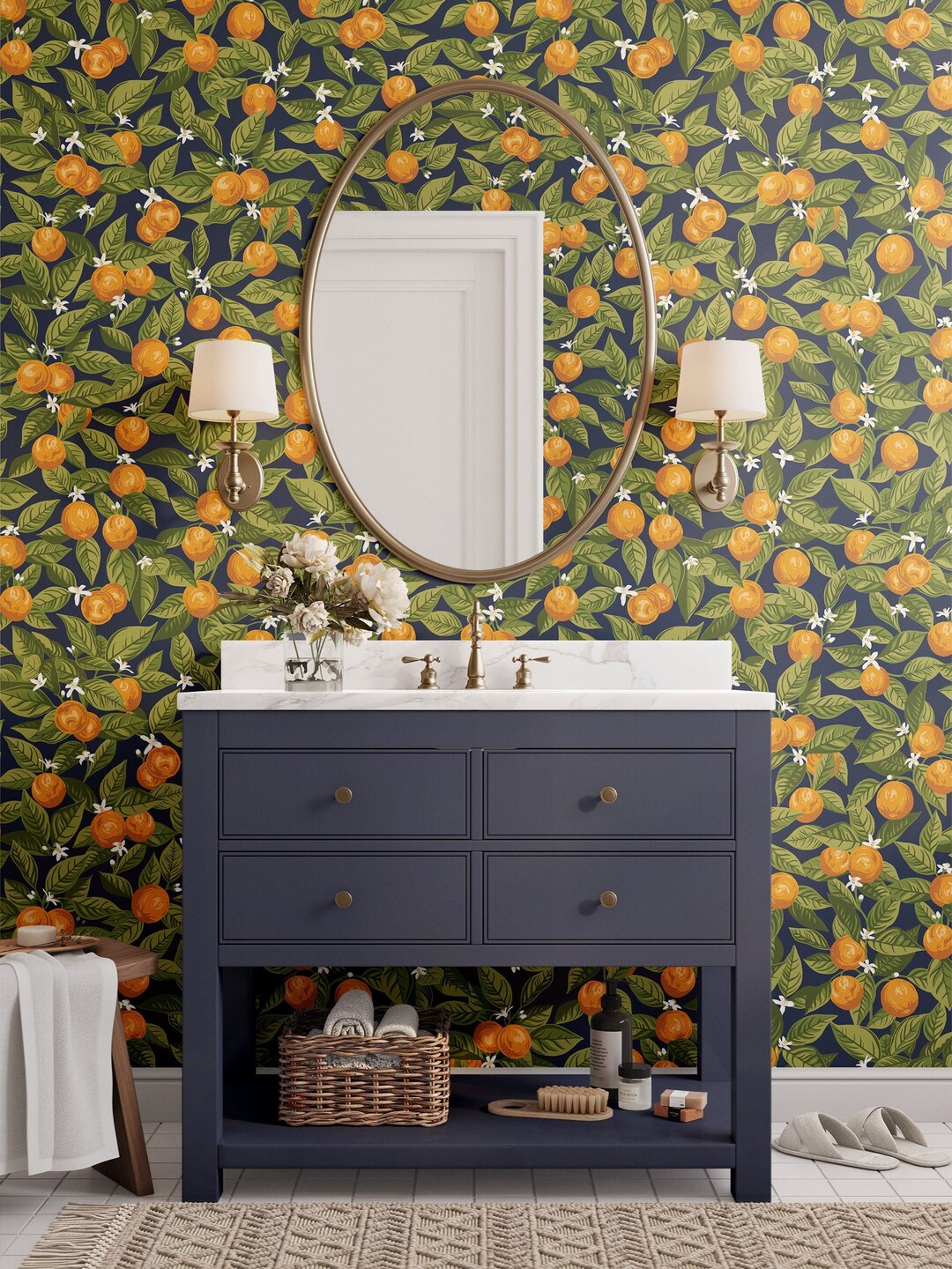 Oranges Wallpaper Navy Wallpaper Flower Peel and Stick Wallpaper