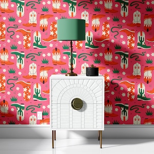 Pink Wallpaper Maximalist Peel and Stick Wallpaper Renter Friendly Cowboy Boot Wallpaper Removable Wallcovering, Funky Paper image 1