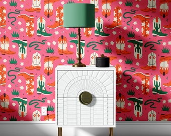 Pink Wallpaper | Maximalist | Peel and Stick Wallpaper | Renter Friendly | Cowboy Boot Wallpaper | Removable Wallcovering, Funky Paper