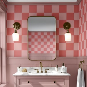 Pink modern oversized checkered wallpaper, peel and stick wallpaper for bathrooms, pink and coral interior wall covering, vinyl wallpaper