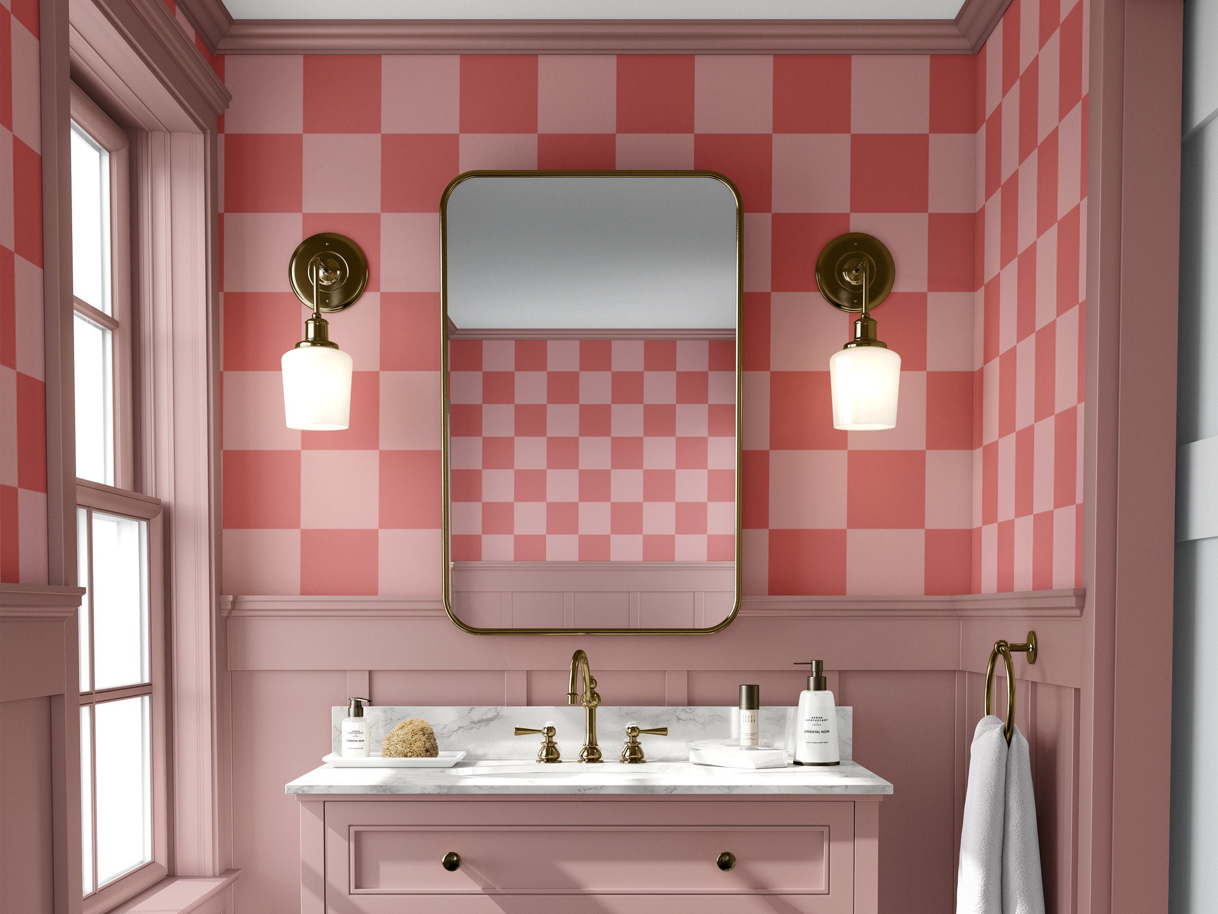 Pink modern oversized checkered wallpaper, peel and stick wallpaper for bathrooms, pink and coral interior wall covering, vinyl wallpaper