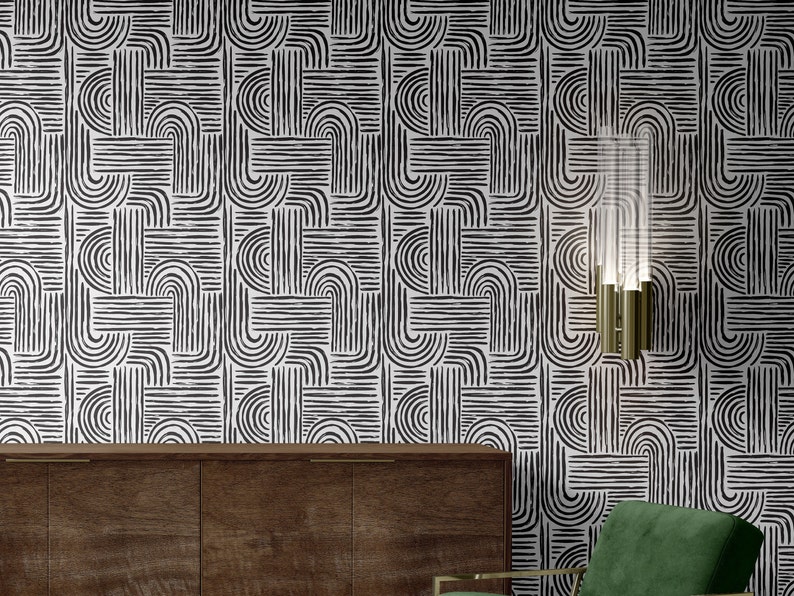 Abstract Wallpaper Black and White Wallpaper Paint Stroke Removable Peel and Stick Wallpaper Boho Geometric peel and stick wallpaper image 3