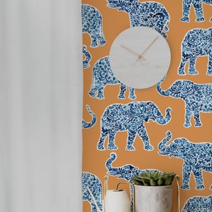 Elephant Wallpaper Peel and Stick Wallpaper Orange Wallpaper Removable Wall Covering Maximalist Traditional Unpasted image 2
