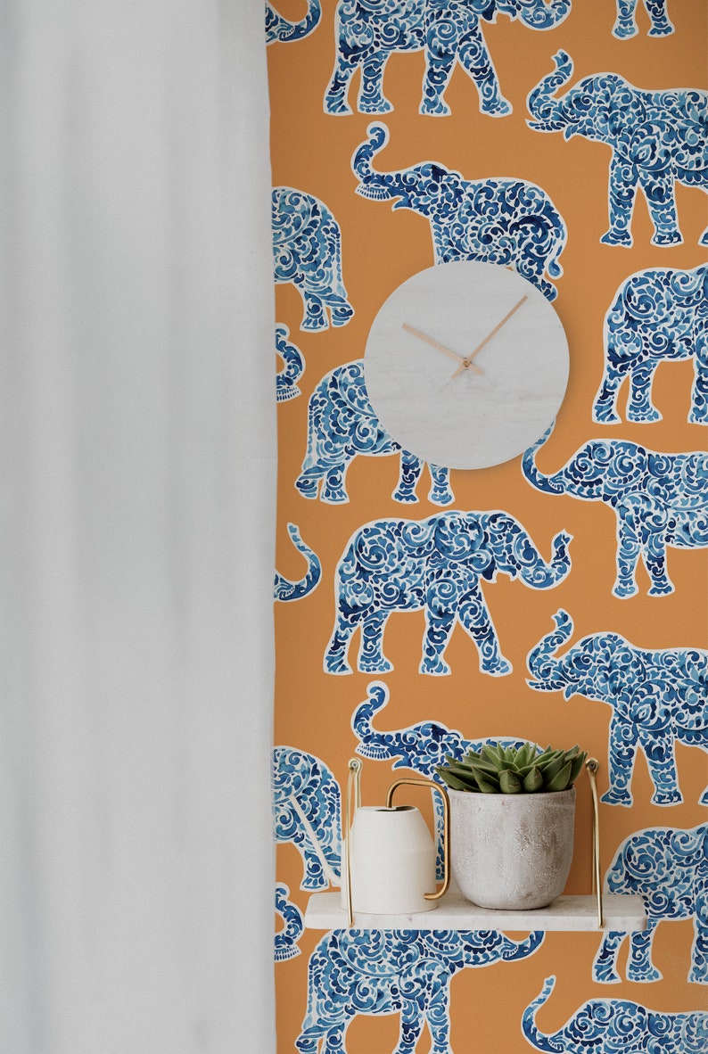 Elephant Wallpaper Peel and Stick Wallpaper Orange Wallpaper Removable Wall Covering Maximalist Traditional Unpasted image 2