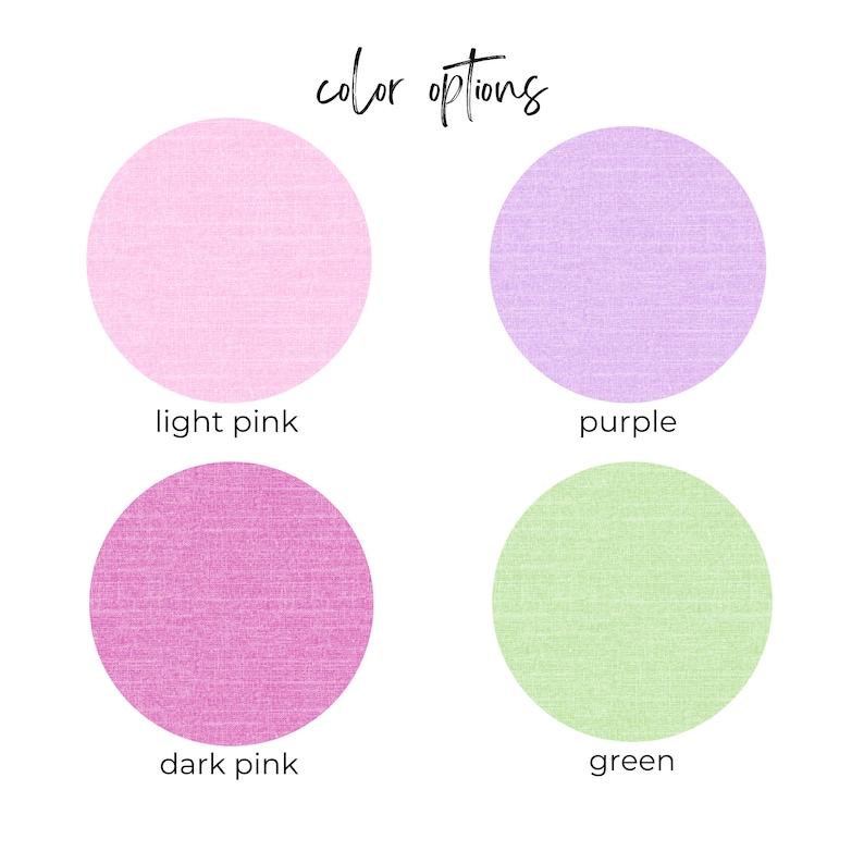 May include: Four color swatches showing different shades of pink, purple, and green. The colors are labeled "light pink", "purple", "dark pink", and "green".