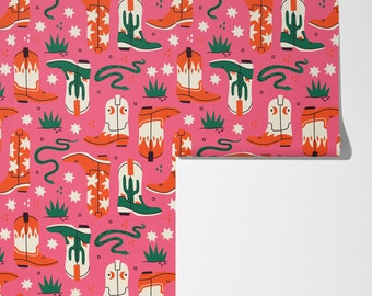 Pink Cowboy Boot Wallpaper: Maximalist Peel and Stick Wall Covering