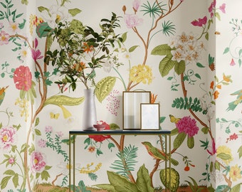 Chinoiserie Wallpaper | Floral Wallpaper | Wall Mural | Removable Peel and Stick Wallpaper  | Neutral Wallpaper | Elegant | Bathroom Paper