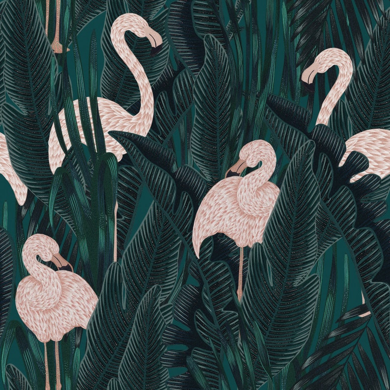 May include: A repeating pattern featuring pink flamingos amidst lush, dark green tropical foliage. The design includes large, detailed leaves and the elegant birds, creating a vibrant and exotic aesthetic. The overall theme is tropical and nature-inspired.