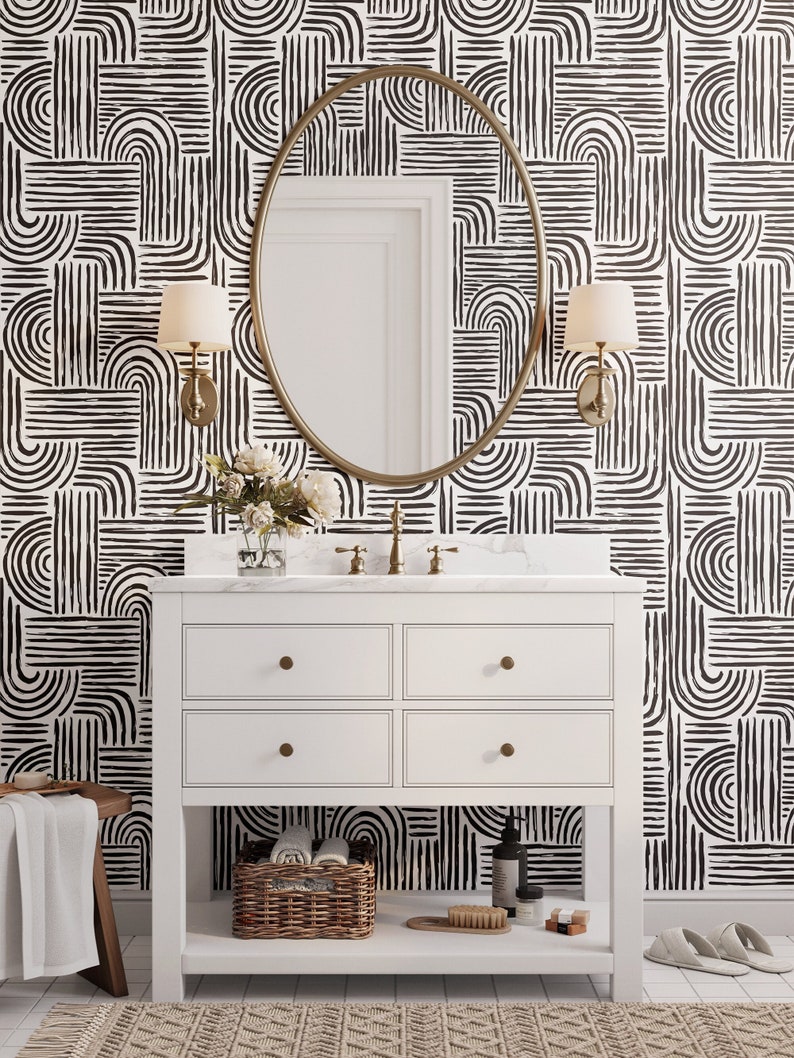 Abstract Wallpaper Black and White Wallpaper Paint Stroke Removable Peel and Stick Wallpaper Boho Geometric peel and stick wallpaper image 2