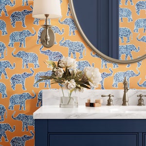 Elephant Wallpaper Peel and Stick Wallpaper Orange Wallpaper Removable Wall Covering Maximalist Traditional Unpasted image 5