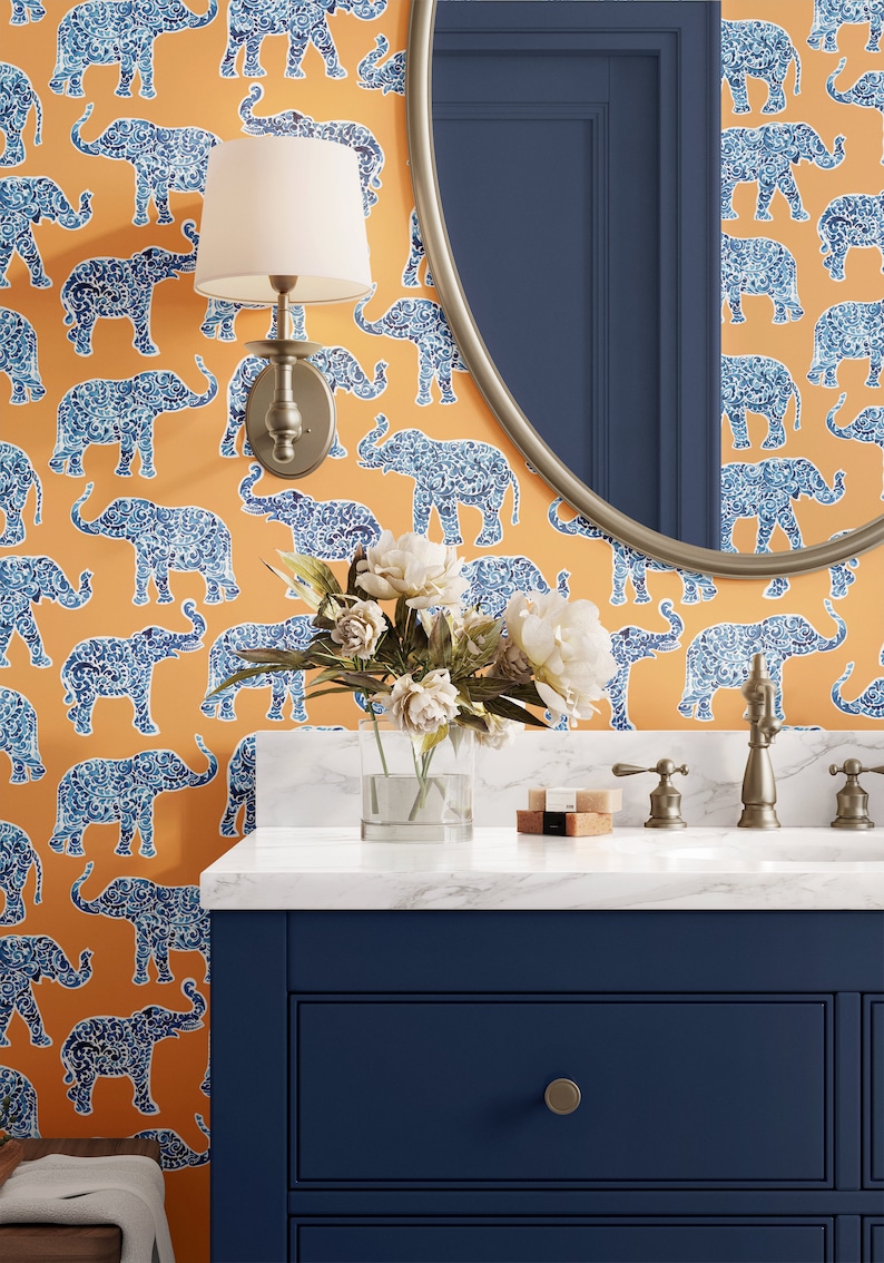 Elephant Wallpaper Peel and Stick Wallpaper Orange Wallpaper Removable Wall Covering Maximalist Traditional Unpasted image 5