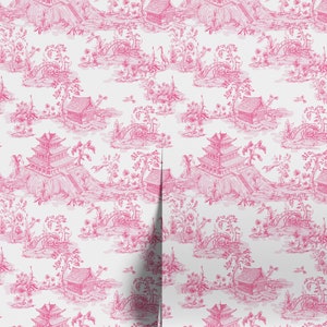Toile Farmhouse Whimsical Wallpaper, Pink and White Peel and Stick Wallpaper, Removable wallpaper for Bathroom, Elegant Nursery Wallpaper