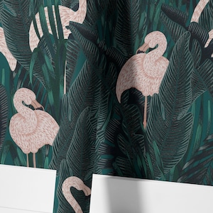 May include: Wallpaper featuring a repeating pattern of pink flamingos amidst lush, dark green tropical foliage. The design includes large, detailed leaves and a textured appearance, creating a vibrant and exotic aesthetic.