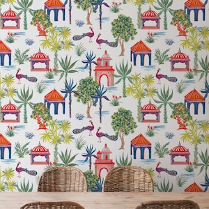 Modern Chinoiserie Wallpaper, Removable wallpaper for bathrooms, Colorful wallpaper for powder bath, statement wallpaper for interiors