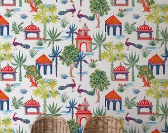 Modern Chinoiserie Wallpaper, Removable wallpaper for bathrooms, Colorful wallpaper for powder bath, statement wallpaper for interiors