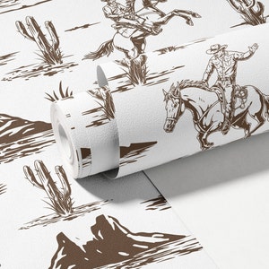 Cowboy Toile Wallpaper, Brown and White Peel and Stick Wallpaper, Removable Wallpaper for bathroom, nursery wallpaper for boy, western theme