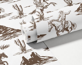 Cowboy Toile Peel and Stick Wallpaper: Brown Western Theme