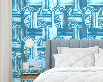 Bright Blue Abstract Geometric Stripe Removable Peel and Stick Wallpaper