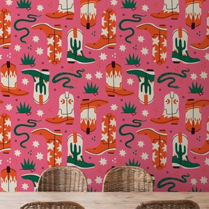 Pink Wallpaper Maximalist Peel and Stick Wallpaper Renter Friendly Cowboy Boot Wallpaper Removable Wallcovering, Funky Paper image 4