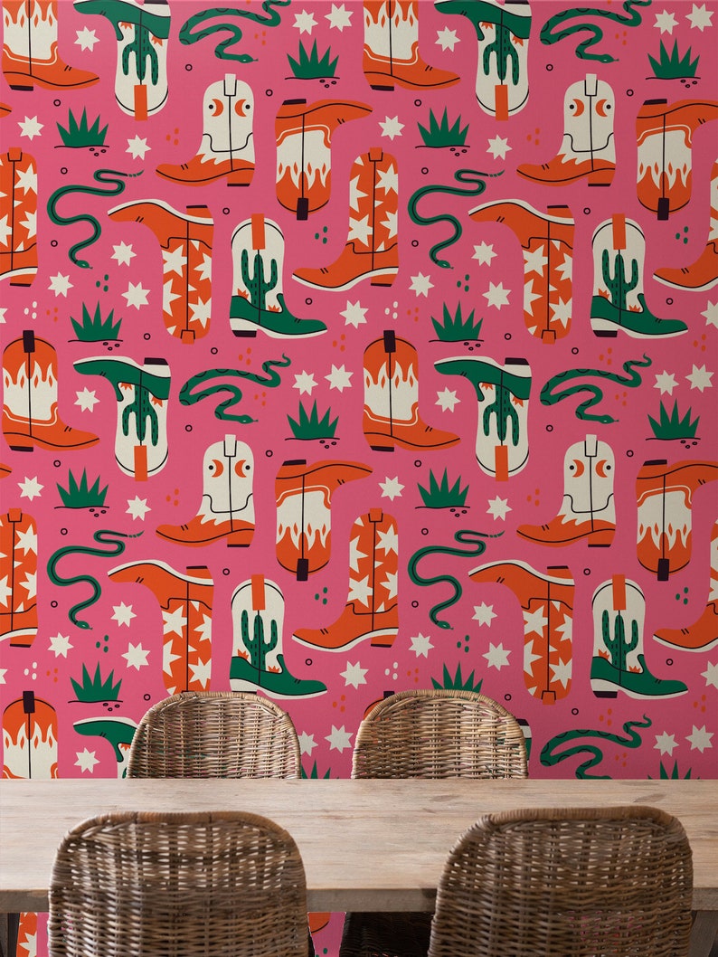 Pink Wallpaper Maximalist Peel and Stick Wallpaper Renter Friendly Cowboy Boot Wallpaper Removable Wallcovering, Funky Paper image 4