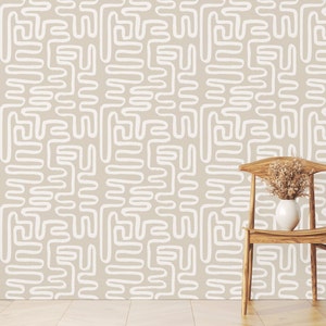 Beige Abstract Curve Wallpaper: Modern Geometric Design, Peel & Stick