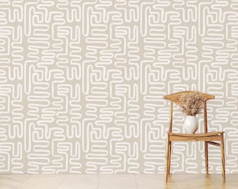 Beige Abstract Curve Wallpaper: Modern Geometric Design, Peel & Stick