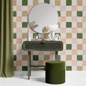 striped check pink and green self adhesive wallpaper, peel and stick removable wallpaper